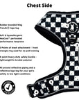 Cooling dog harness chest features infographic with black & white checkered design
