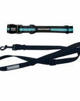 Dog Leash and Collar Set - Black Dog Collar with bold Teal Stripe with solid black adjustable leash in medium - against solid white background - Wag Trendz