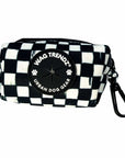 Dog poop bag holder with black and white checkered design and carabiner clip