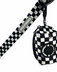Dog poop bag holder attached to a matching black and white checkered leash