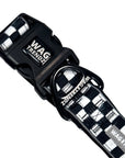 Reflective dog collar with branded buckle and checkered strap