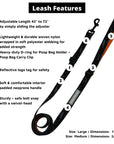 Adjustable Dog Leash - Black and Gray Camo with Orange Accents - with product feature captions - against solid white background - Wag Trendz