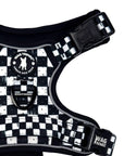Cooling dog harness with handle, black buckles, black and white checkered design, and Wag Trendz® logo