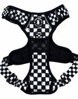 Cooling dog harness with handle, padded mesh, and adjustable black & white checkered straps