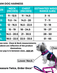 Size chart table for a denim dog harness showing sizes XXS through XL with neck, chest, and estimated weight range measurements. Includes a small dog wearing the harness with labeled chest and lower neck points.