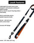 Dog Collar Harness and Leash Set - Dog Leash in black and gray camo with bold orange accents - with product feature captions - against solid white background - Wag Trendz