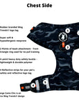 Dog Collar Harness and Leash Set - Dog Adjustable Harness in black & gray camo with bold orange accents - with product feature captions - chest side - against solid white background - Wag Trendz