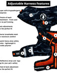 Dog Collar Harness and Leash Set - Dog Adjustable Harness in black & gray camo with bold orange accents - with product feature captions - chest and back side - against solid white background - Wag Trendz