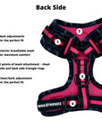 Dog Harness Vest - black and gray camo adjustable harness with hot pink accents - back view against a solid white background with product feature captions - Wag Trendz