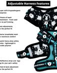Dog Collar Harness and Leash Set - Dog Adjustable Harness in black with white paint splatter design and bold teal accents - product feature captions - chest side - against solid white background - Wag Trendz
