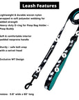 Dog Collar Harness and Leash Set - Dog Leash in black with white paint splatter and bold teal accents - product feature captions - against solid white background - Wag Trendz