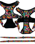 Dog Harness and Leash Set - No Pull - Handle - multi colored Street Graffiti dog harness - chest and backside view - with matching adjustable dog leash - against solid white background - Wag Trendz