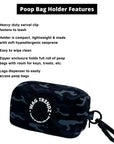 Dog Poo Bag Holder - black and gray Camo Chic- with product feature captions - against white background - Wag Trendz