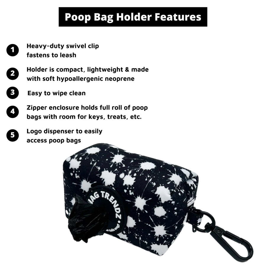 Dog Poo Bag Holder - black with white paint splatter and Wag Trendz rubber logo - with product feature captions against white background - Wag Trendz