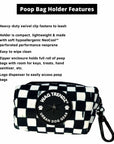Dog poop bag holder features infographic with black & white checkered pattern and carabiner