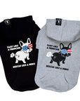 French Bulldog Hoodie - Fart Like a Frenchie Rescue Like A Hero” graphic hooded sweatshirt - black and gray with French Bulldog wearing USA sunglasses - against solid white background - Wag Trendz