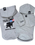 French Bulldog Hoodie - “Fart Like A Frenchie Rescue Like A Hero” graphic hooded sweatshirt - grey with French Bulldog wearing USA sunglasses and star on chest - against solid white background - Wag Trendz