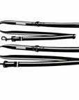 Black adjustable dog leashes with metal clips on a white background