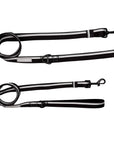 Two black adjustable dog leashes with metal clips on a white background