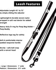 Adjustable Dog leash with features listed on a white background