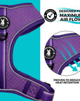 NeoCool Sport Dog harness in Purple with text 'Designed for maximum air flow' and 'Proven to reduce heat retention' pop outs