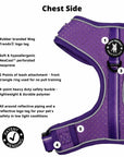 NeoCool Sport Dog Harness in Purple chest side view with features listed on a white background
