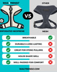 Comparison chart of WagTrendz perforated neoprene dog harness vs. mesh harness on a teal and gray background.