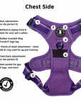 NeoCool™ Sport Dog Harness with Handle in purple with medium and light purple accents with labeled features for the chest side on a white background