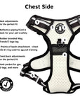 NeoCool™ Sport Dog Harness With Handle in white with black and gray accents with labeled features for the chest side on a white background