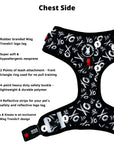 No Pull Dog Harness - Adjustable - Front Clip - black and white XO's with bold red accents on a no pull dog harness with product feature captions - front side - against solid white background - Wag Trendz