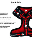 No Pull Dog Harness - Adjustable - Front Clip - black and white XO's no pull dog harness with bold red accents - product feature captions - back side - against solid white background - Wag Trendz