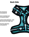 No Pull Dog Harness - black no pull dog harness with white paint splatter and teal accents with product feature captions - against a solid white background - Wag Trendz