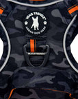 No Pull Dog harness with Wag Trendz logo on a black & gray camouflage pattern with orange accents.