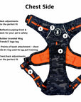 No Pull Dog harness in camo with orange accents with features labeled on a white background