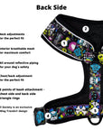 No Pull Dog Harness - Skull Society no pull dog harness with multicolored graphics in yellow, blue, purple with black background - backside with product feature captions - against solid white background - Wag Trendz