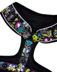 No Pull Dog Harness - Skull Society no pull dog harness with multicolored graphics in yellow, blue, purple with black background - backside - against solid white background - Wag Trendz