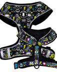 No Pull Dog Harness - Skull Society no pull dog harness with multicolored graphics in yellow, blue, purple with black background - chest and back side - against solid white background - Wag Trendz