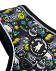 No Pull Dog Harness - Skull Society no pull dog harness with multicolored graphics in yellow, blue, purple with black background - closeup - against solid white background - Wag Trendz