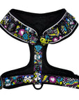 No Pull Dog Harness - Skull Society no pull dog harness with multicolored graphics in yellow, blue, purple with black background -backside - against solid white background - Wag Trendz
