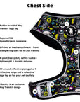 No Pull Dog Harness - Skull Society no pull dog harness with multicolored graphics in yellow, blue, purple with black background - chest side with product feature captions - against solid white background - Wag Trendz