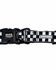 Reflective dog collar with black and white checkered design, buckle, and D-ring