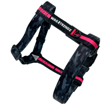 H Dog Harness - Roman Dog Harness - Large Black and gray camo harness with bold hot pink accents - against solid white background - Wag Trendz