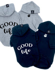 Hooded Sweatshirt For Dogs - "Good Life" hooded sweatshirt in gray and black sets - Good Life on the back and finger peace sign emoji on front chest - against solid white background - Wag Trendz