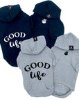 Hooded Sweatshirt For Dogs - "Good Life" hooded sweatshirt in black and gray sets - Good Life on the back and finger peace sign emoji on front chest - against solid white background - Wag Trendz