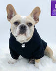 Hooded Sweatshirt For Dogs - French Bulldog wearing "Good Life" hooded sweatshirt in black - finger peace sign emoji on front chest in white - sitting down against solid white background - Wag Trendz