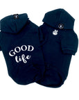 Hooded Sweatshirt For Dogs - "Good Life" hooded sweatshirt in black - Good Life on the back and finger peace sign emoji on front chest - against solid white background - Wag Trendz