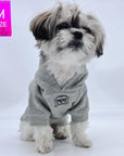 Hooded Sweatshirt For Dogs - Shih Tzu mix wearing "Road Trip" hooded sweatshirt with License Plate design in gray - Volkswagen Bus with paw print emoji on front chest - against solid white background - Wag Trendz