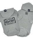 Hooded Sweatshirt For Dogs - "Road Trip" hooded sweatshirt with license plate design in gray set - Volkswagen Bus with paw print emoji on front chest - against solid white background - Wag Trendz