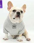 Hooded Sweatshirt For Dogs - French Bulldog wearing "Road Trip" hooded sweatshirt License Plate design in gray - Volkswagen Bus with paw print emoji on front chest - against solid white background - Wag Trendz