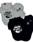 Hooded Sweatshirt For Dogs - "Road Trip" hooded sweatshirt in mountain design in gray & black sets - Volkswagen Bus with paw print emoji on front chest - against solid white background - Wag Trendz